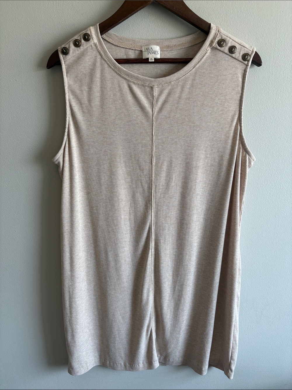 Ava James Ribbed Button Shoulder Dress XL‎ Beige Sleeveless Knit